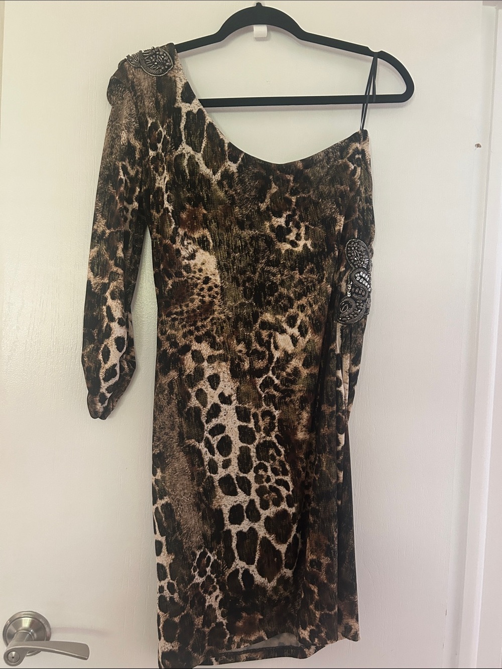 Cache One-Shoulder Leopard Print Dress with Bead Detail
